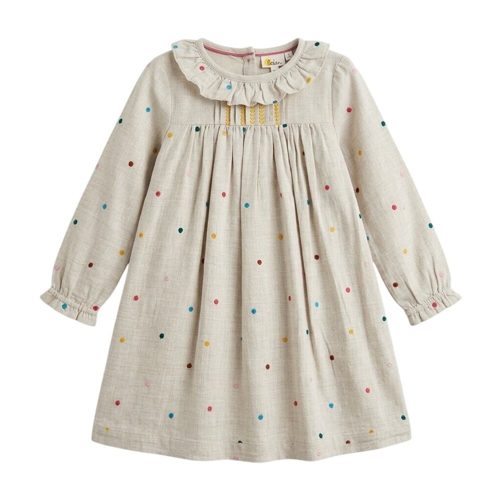 Baby Boden Girls Boho Cottagecore Embroidered Dot Dress Ruffle Collar 3-4Y